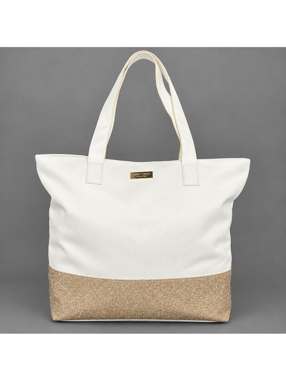 Jimmy Choo Parfums White Gold Glitter Faux Leather Tote Bag Women's Zipper Top